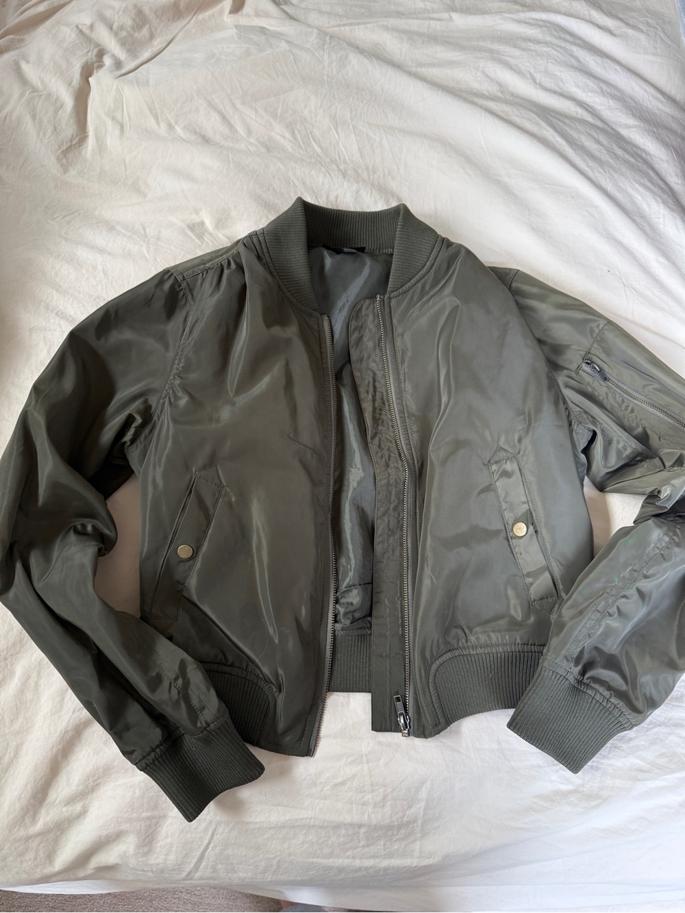 Aqua Olive Green Quilted Bomber Jacket